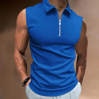 Men'S Casual Basic Lapel Zipper Sleeveless Polo Shirt