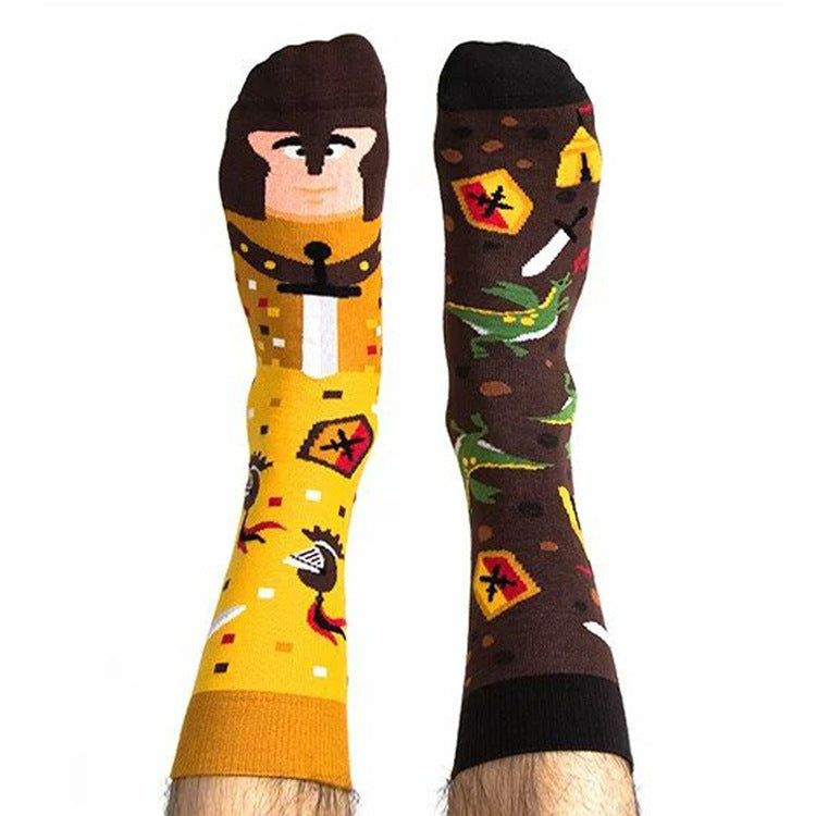 Wholesale Fashion AB Asymmetrical Jacquard Cartoon Sports Mid-Calf Cotton Socks