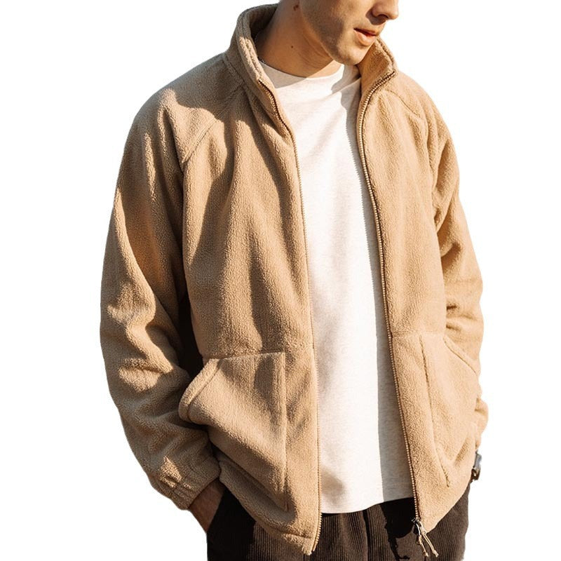 Wholesale Men Fashion Casual Autumn Winter Basic Solid Color Plush Long Sleeve Stand Collar Coat