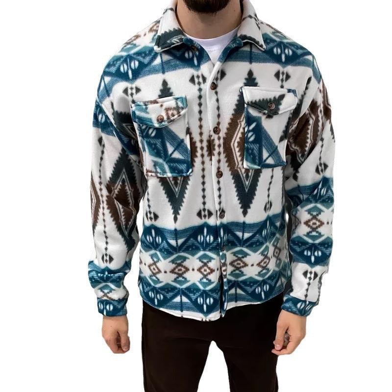 Wholesale Men Autumn Winter Fashion Casual Ethnic Style Print Long Sleeve Lapel Shacket