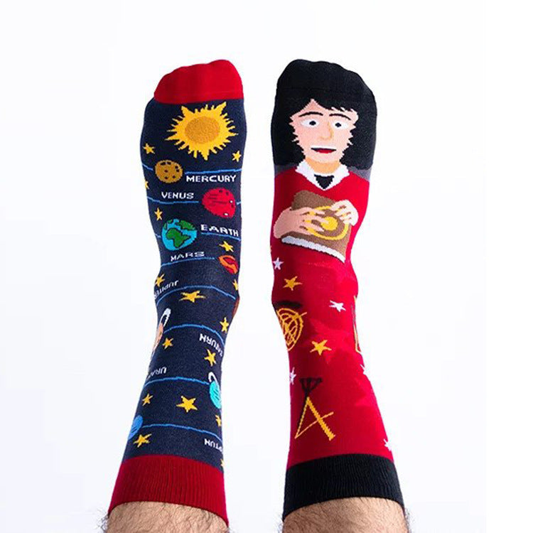 Wholesale Fashion AB Asymmetrical Jacquard Cartoon Sports Mid-Calf Cotton Socks