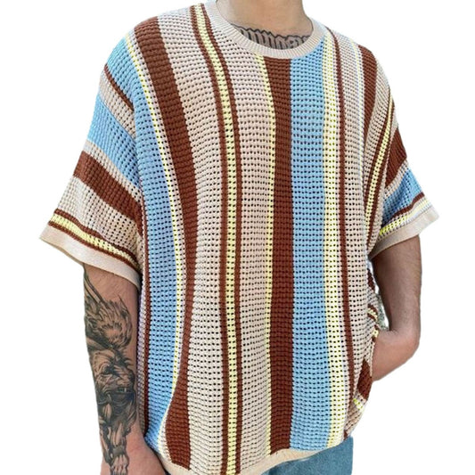 Wholesale Men Fashion Casual Multicolor Stripe Knitted Short Sleeve Top