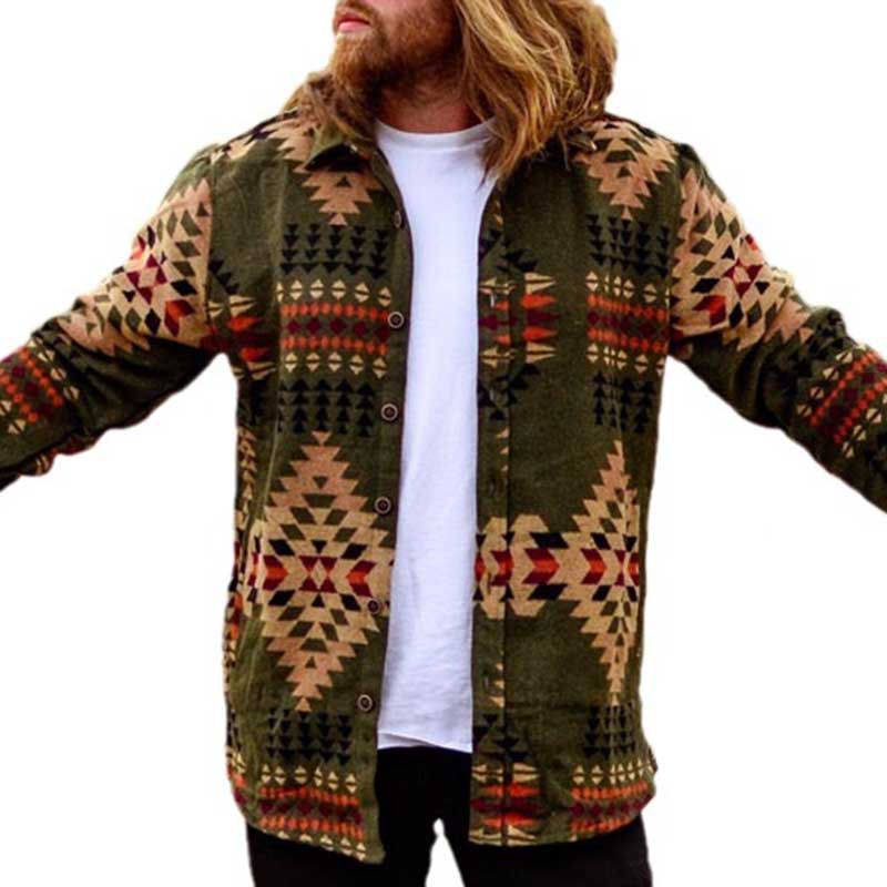 Wholesale Men Autumn Winter Fashion Casual Ethnic Style Print Long Sleeve Lapel Shacket