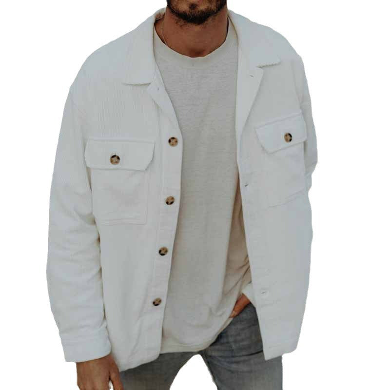 Wholesale Men Spring Autumn Casual Solid Color Corduroy Long Sleeve Lapel Shacket