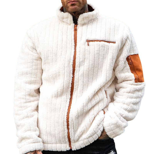 Wholesale Men Fashion Casual Autumn Winter Basic Color Matching Plush Long Sleeve Stand Collar Coat