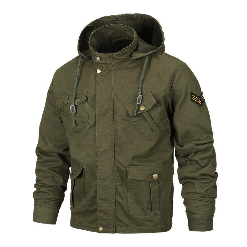 Wholesale Men Autumn Winter Fashion Casual Solid Color Stand Collar Long Sleeve Hood Plus Size Cargo Coat