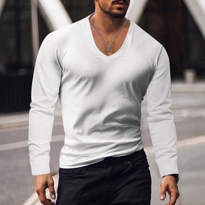 Wholesale Men Casual Simple Solid Color V Neck Long Sleeve Bottoming T-Shirt