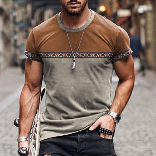 Wholesale Men Fashion Casual Colorblock Round Neck Plus Size Short Sleeve T-Shirt