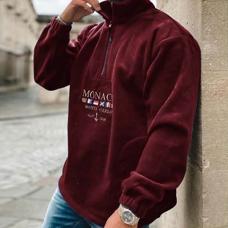 Wholesale Men Spring Autumn Fashion Casual Versatile Letter Embroidery Plush Long Sleeve Turtle Neck Half Zipper Sweatshirts