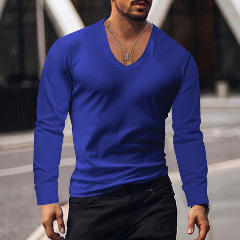 Wholesale Men Casual Simple Solid Color V Neck Long Sleeve Bottoming T-Shirt