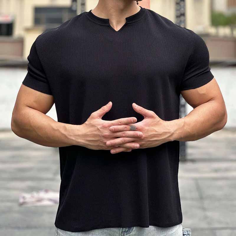 Wholesale Men Fashion Casual Basic Solid Color Short Sleeve V Neck T-Shirt