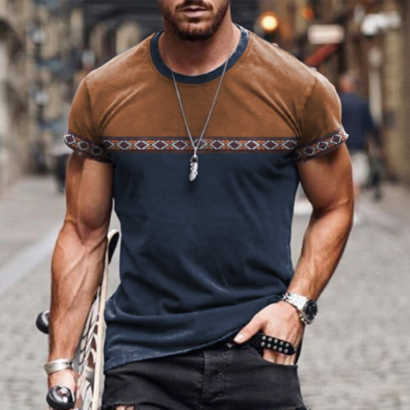 Wholesale Men Fashion Casual Colorblock Round Neck Plus Size Short Sleeve T-Shirt