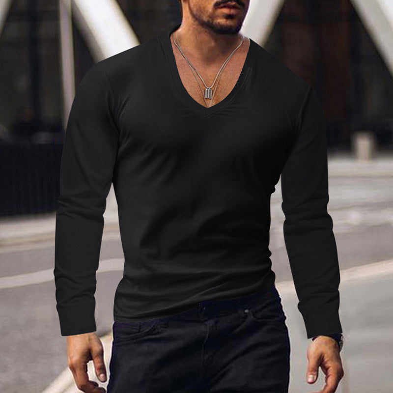 Wholesale Men Casual Simple Solid Color V Neck Long Sleeve Bottoming T-Shirt