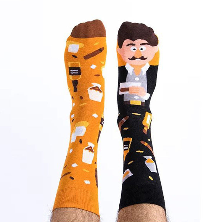 Wholesale Fashion AB Asymmetrical Jacquard Cartoon Sports Mid-Calf Cotton Socks