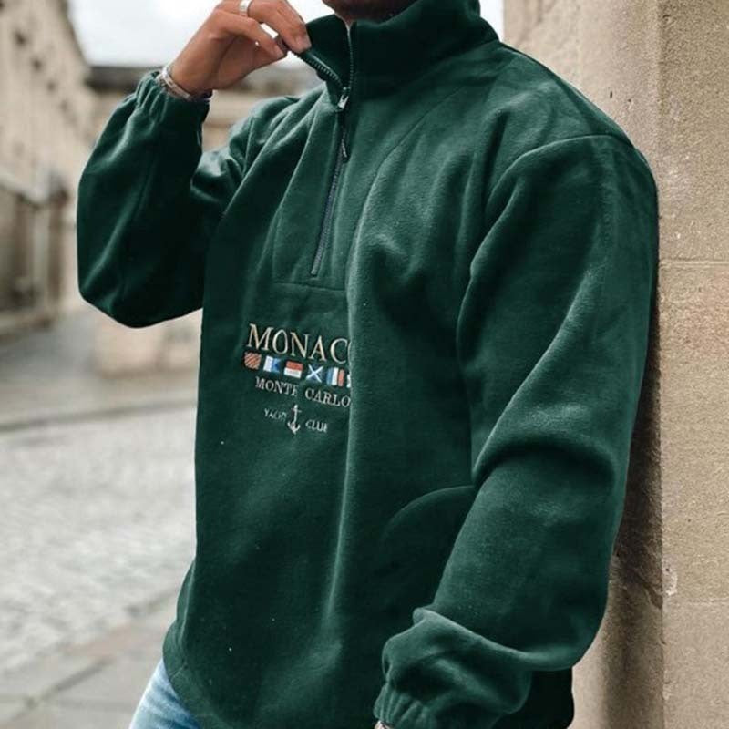 Wholesale Men Spring Autumn Fashion Casual Versatile Letter Embroidery Plush Long Sleeve Turtle Neck Half Zipper Sweatshirts