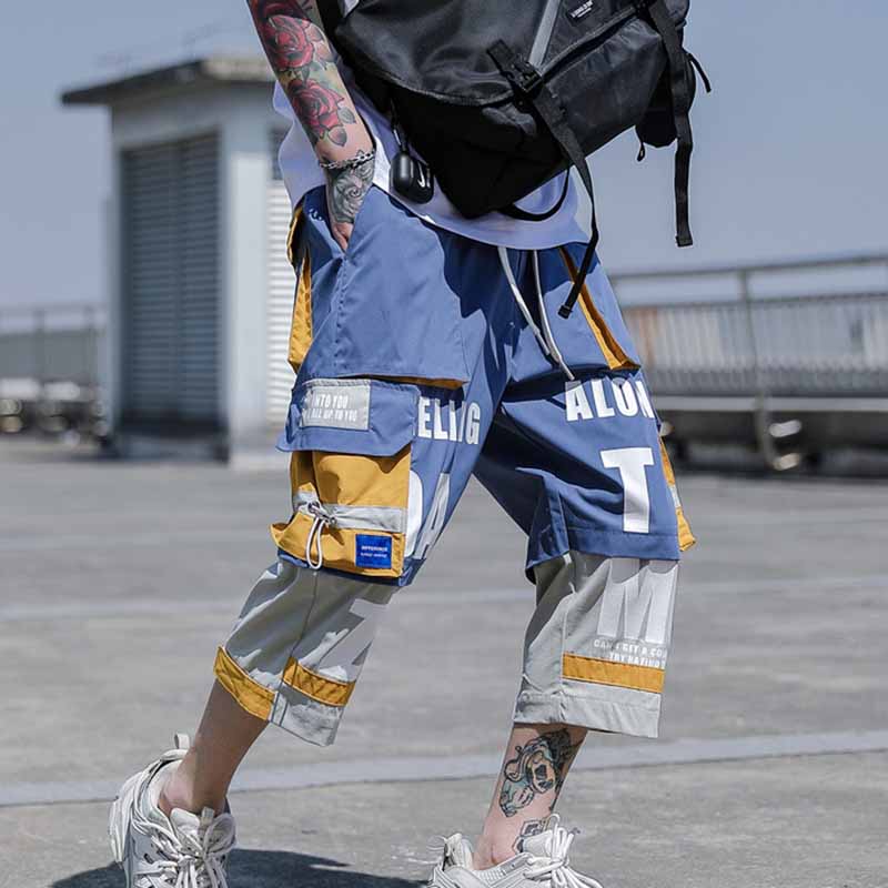 Wholesale Men Summer Fashion Casual Color Patchwork Letter Print Cargo Cropped Pants