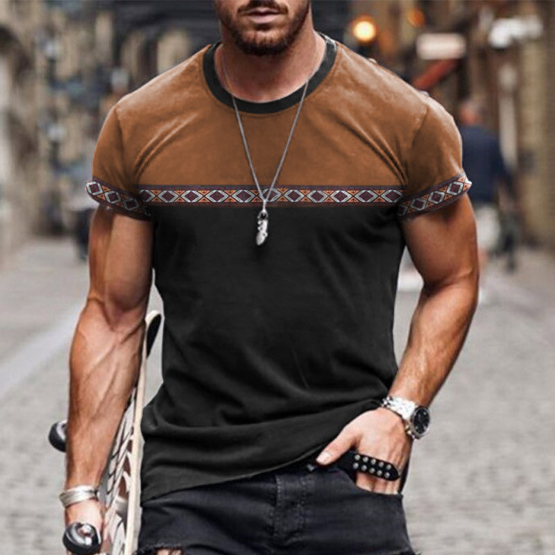 Wholesale Men Fashion Casual Colorblock Round Neck Plus Size Short Sleeve T-Shirt