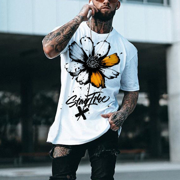 Wholesale Men Fashion Casual Flower Print Short Sleeve Round Neck T-Shirt