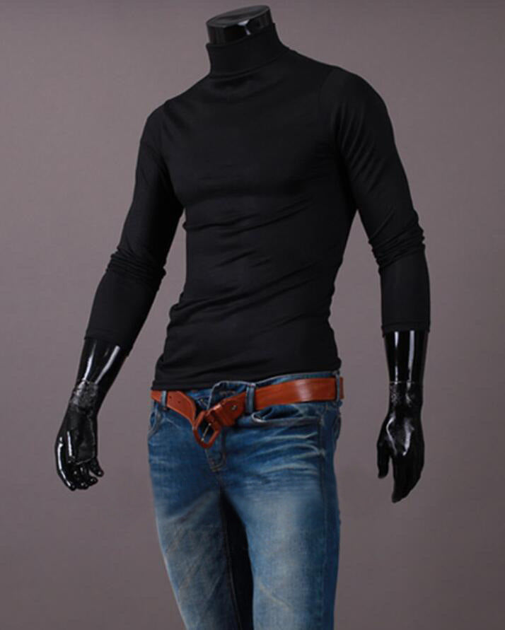 Wholesale Men Casual Slim Solid Color High Neck Long Sleeve Tight T-Shirt