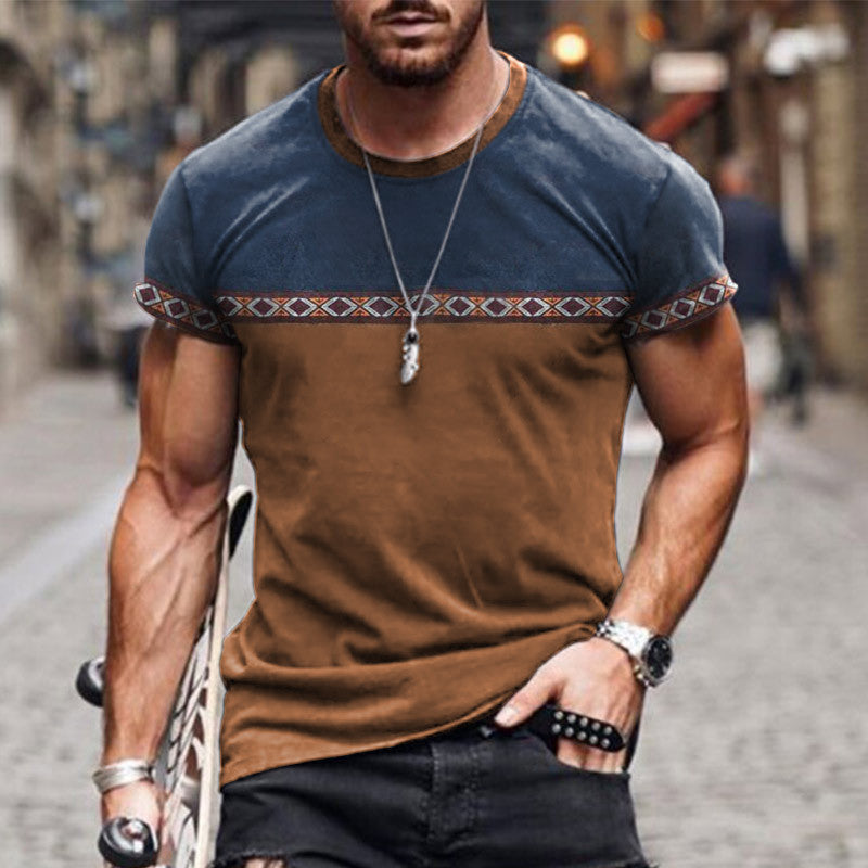 Wholesale Men Fashion Casual Colorblock Round Neck Plus Size Short Sleeve T-Shirt