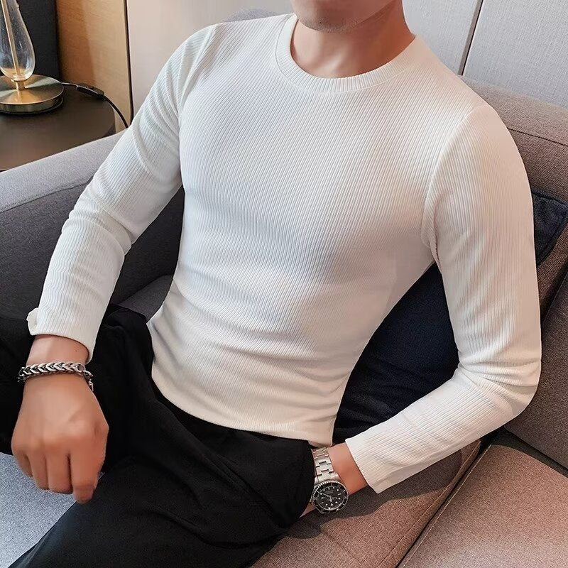 Wholesale Men Basic Casual Solid Color Rib-Knit Long Sleeve Round Neck T-Shirt