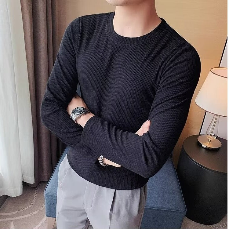 Wholesale Men Basic Casual Solid Color Rib-Knit Long Sleeve Round Neck T-Shirt