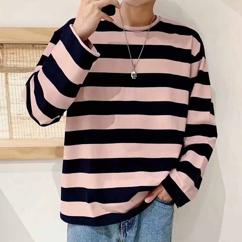 Wholesale Men Fashion Casual Stripe Print Loose Long Sleeve Round Neck T-Shirt