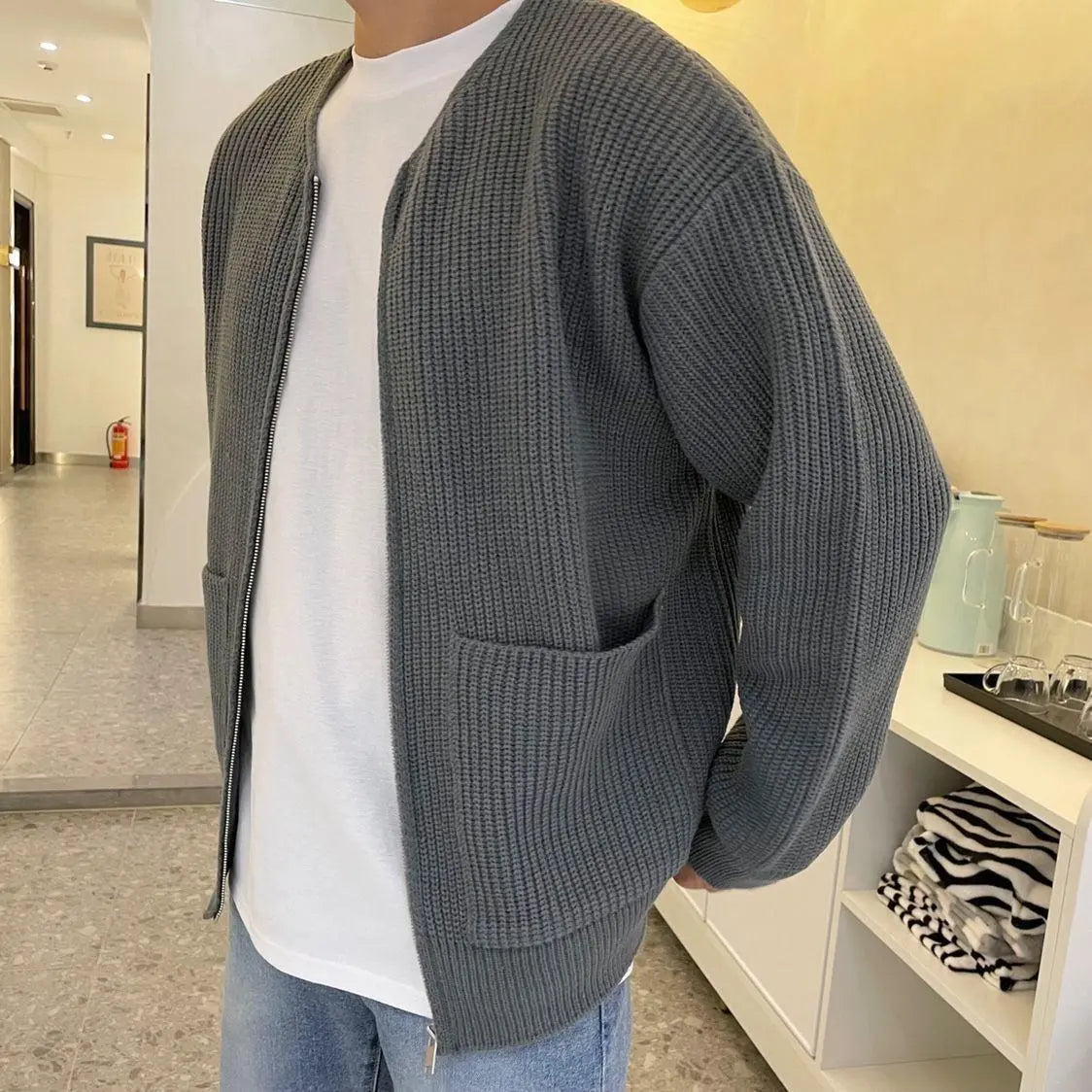 Men Fashion Casual Autumn Winter Solid Color Plus Size Long Sleeve Cardigan Knitted Coat